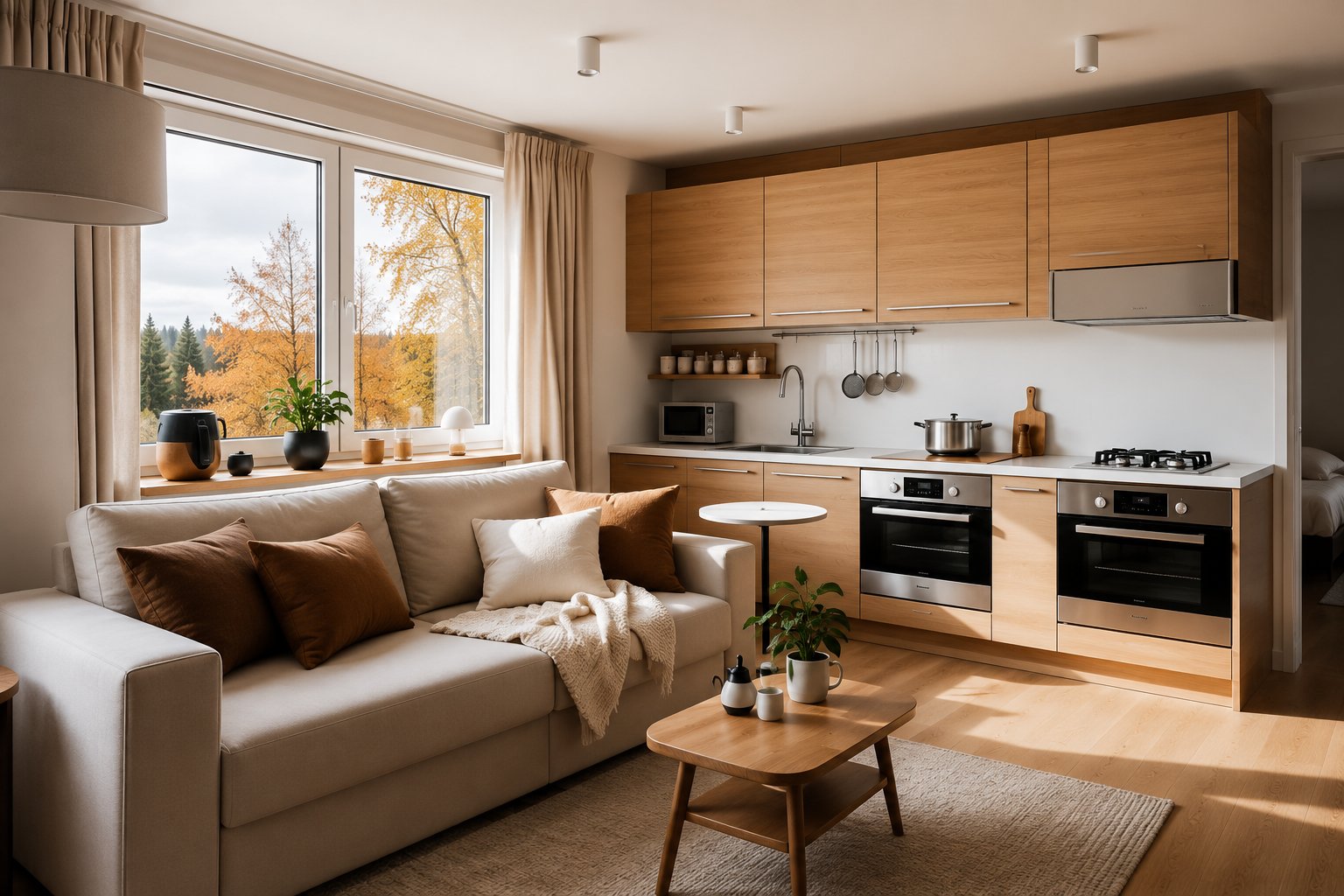 Furnished living room and kitchen